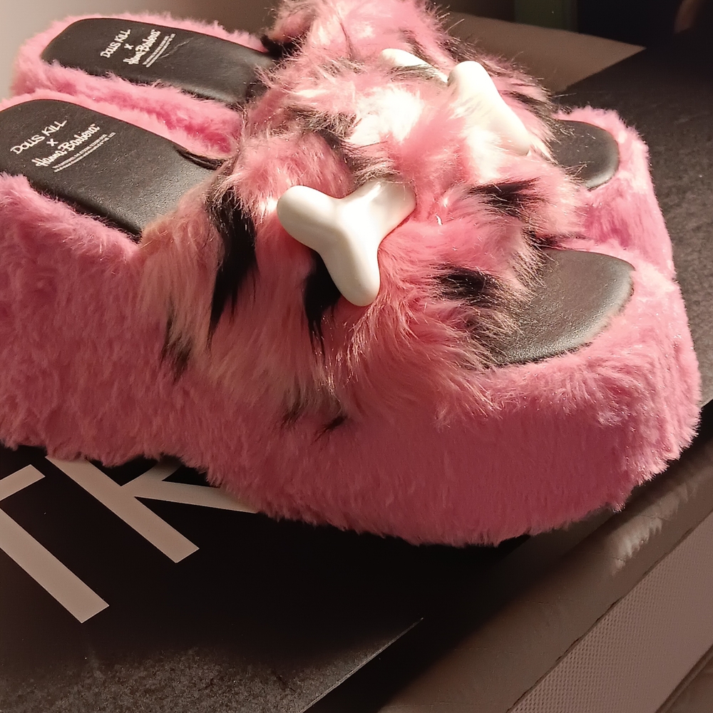 In Great Condition Doll kill Pink Furry Mules with Bone Accent